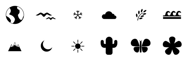 A Collection Of Nature Icons Silhouette Vector Logo Design Containing Wind,Bugs,Snow,Cactus,Weather Infographic Simple Vector Illustration Logo