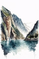 Serene Watercolor Landscape of Mountain Lake with Waterfall and Pine Trees
