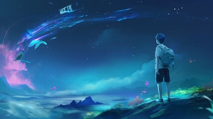 Fototapeta premium Boy Watching Flying Whales in Night Sky