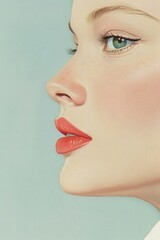 A vibrant painting of a woman with striking red lipstick, exuding beauty and allure