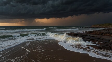 Dusky evening light on a stormy, crashing shoreline.