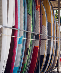 A variety of surfboards are neatly displayed on a stand