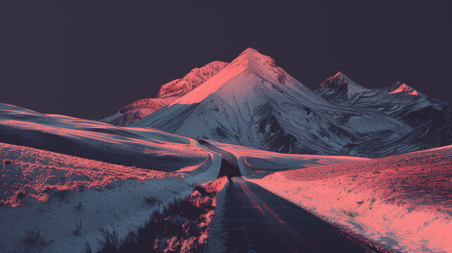 a road that leads to a snow covered mountain, in the style of maori art, large format lens, light pink and dark orange, ivan fedorovich choultse, mamiya rb67, light silver and brown, pointillist lands