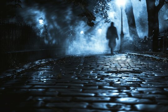 Person walking down a cobblestone street at night, ghost tour