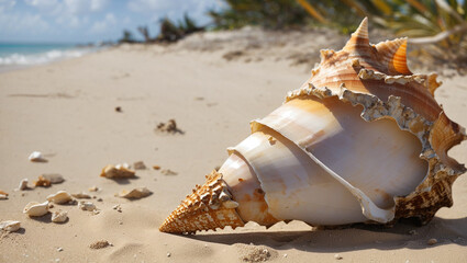 A large conch shell sits on the sand near the ocean.

 - Powered by Adobe