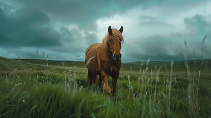 Naklejka premium A majestic brown horse standing on a lush green field. Ideal for nature and animal themes