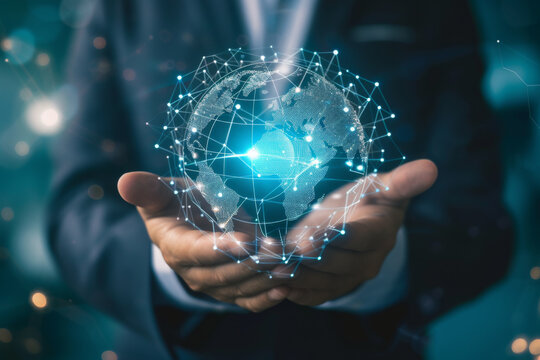 Businessman holding virtual world with 6G with connection line Technology transformation concept.