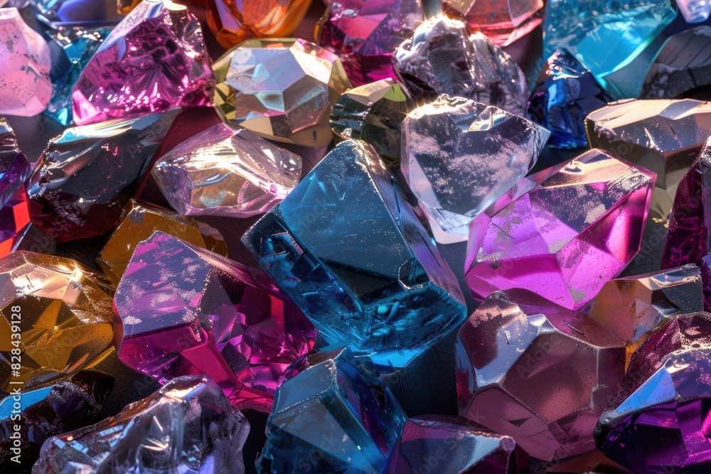 Poster colorful crystals arranged neatly on a table, perfect for various crystal-related projects