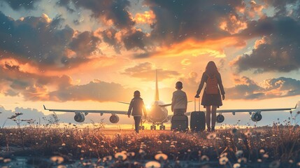 Back view of a cheerful family with two suitcases near a large plane, ready for a trip. Travel adventure concept - Powered by Adobe