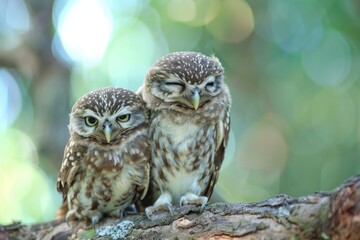 Two cute owls perched on a tree branch. Ideal for nature and wildlife themed designs