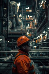 Fototapeta premium A man wearing a hard hat and safety glasses, ideal for construction industry projects