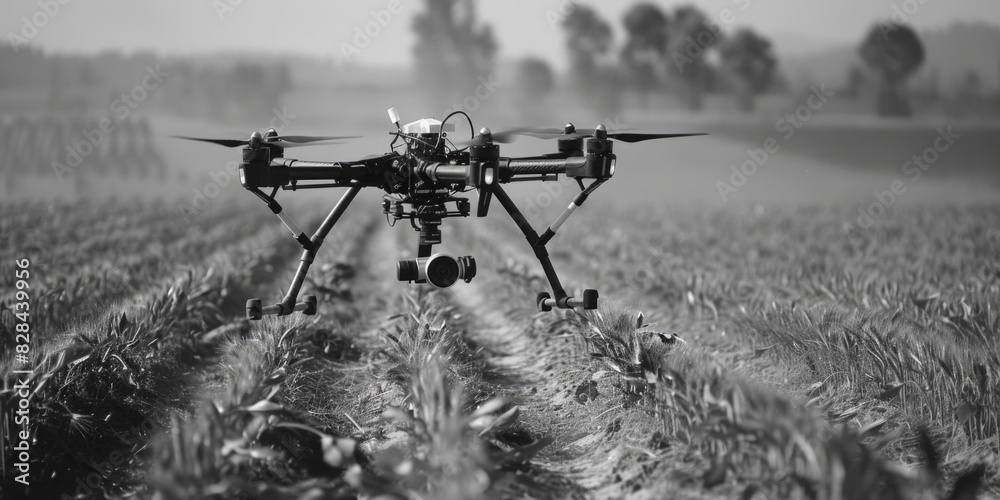 Poster a black and white photo of a drone in a field. suitable for technology and agriculture concepts