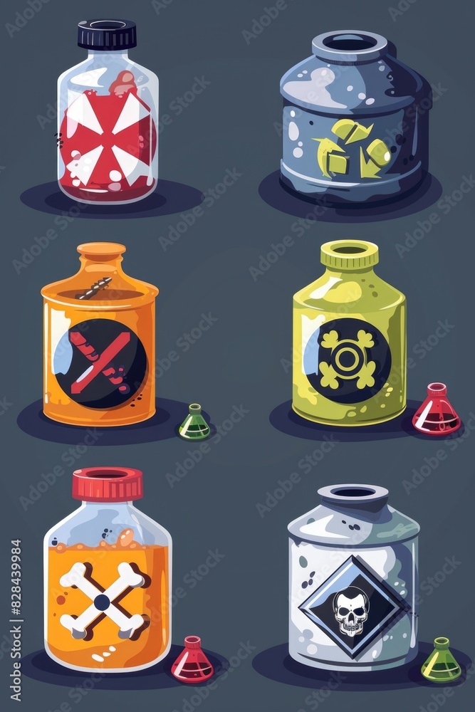 Poster A set of four cartoon bottles with different items inside. Great for illustrating diversity or collection concepts