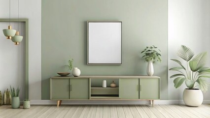 Modern interior design mockup of a green wall with cabinet and decoration in the living room, in the style of minimalist style