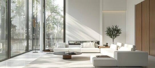 Minimalist living room with white walls, modern furniture, and large windows providing ample natural light