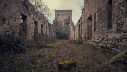 A long, narrow, abandoned building with a path leading through it