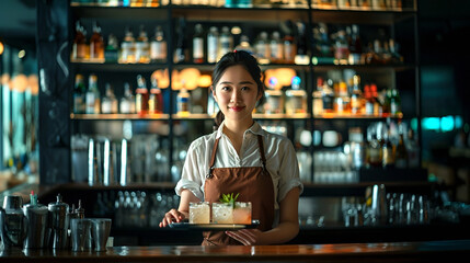Bartender presenting crafted cocktail at modern bar