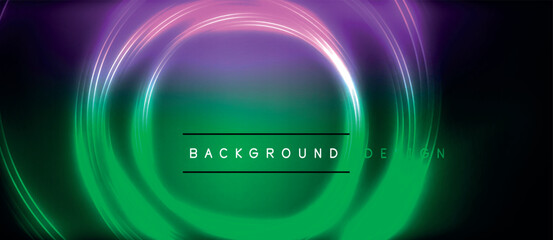 Neon glowing circle rays, light round lines in the dark, planet style neon wave lines. Energetic electric concept design for wallpaper, banner, background