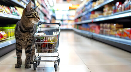 Tabby cat shopping with a mini cart in a grocery store aisle