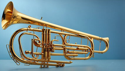A gold trombone with its slide extended lies on a blue surface against a blue background.  