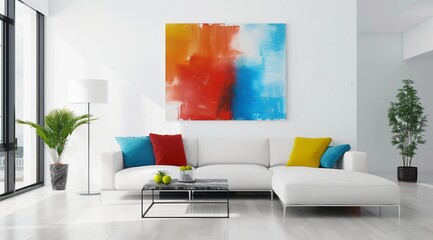 Minimalist living room with white walls, modern furniture, and abstract art providing a pop of color 