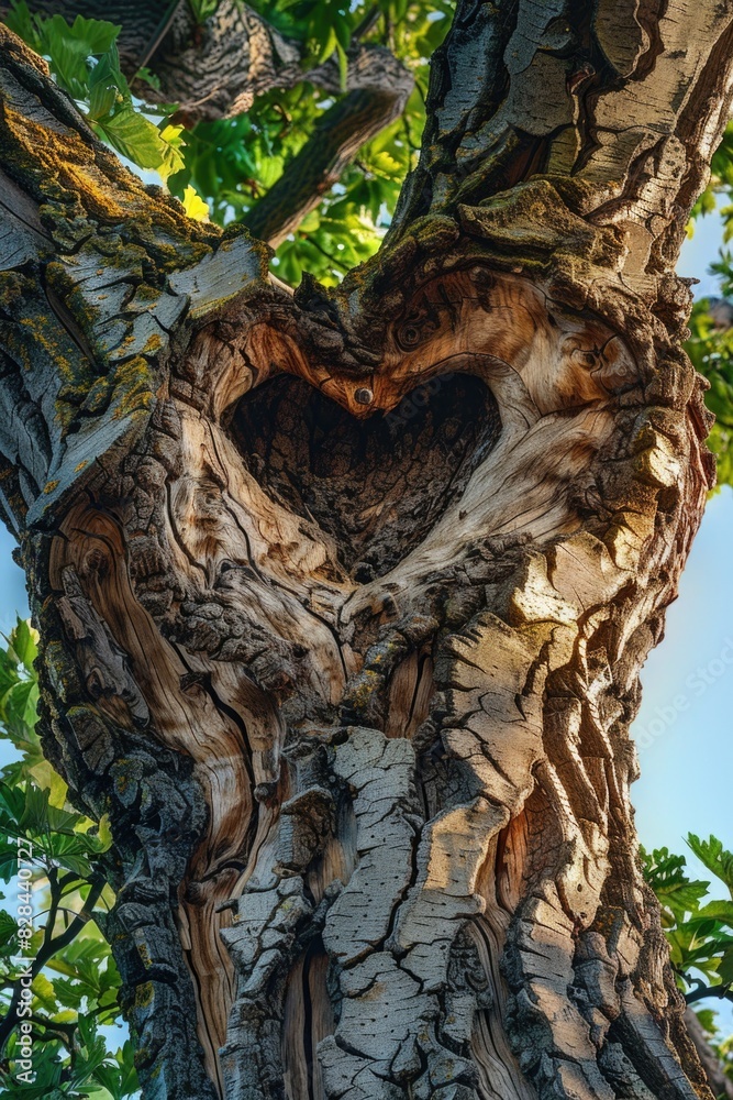 Poster a heart shaped hole in the bark of a tree, suitable for nature concepts
