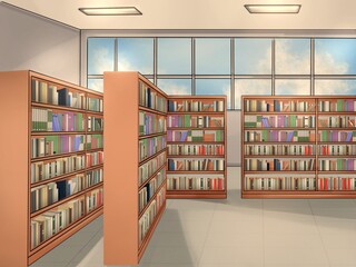 books in library illustration cartoon style