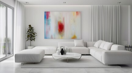 Minimalist living room with white walls, modern furniture, and abstract art providing a pop of color 