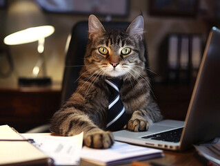 Nighttime office scene with diligent cat