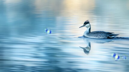 A great crested grebe glides smoothly across a calm blue lake