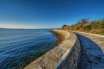 A stone wall running alongside a body of water. Suitable for architectural or nature-themed projects