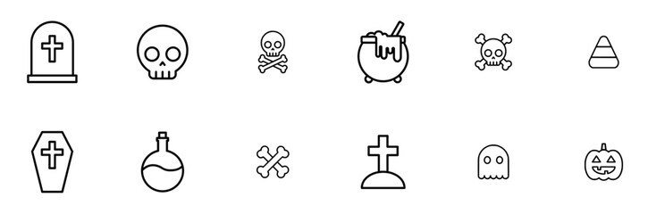 Set Of Linear Halloween Icons Collection Isolated Silhouette Solid Icons Including Poison,Skull,Halloween,Death,Magic Pictograms And Infographics Design Elements Vector Illustration