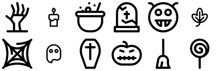 Set Of Linear Halloween Line Icons Web Header Banner Design Containing Candle,Broom,Lollipop,Cauldron,Halloween Set Vector Flat Line Icons