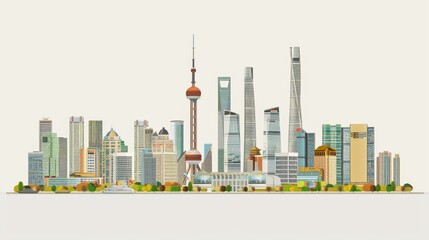 A city skyline with a tall tower in the middle. The buildings are tall and the city is very busy