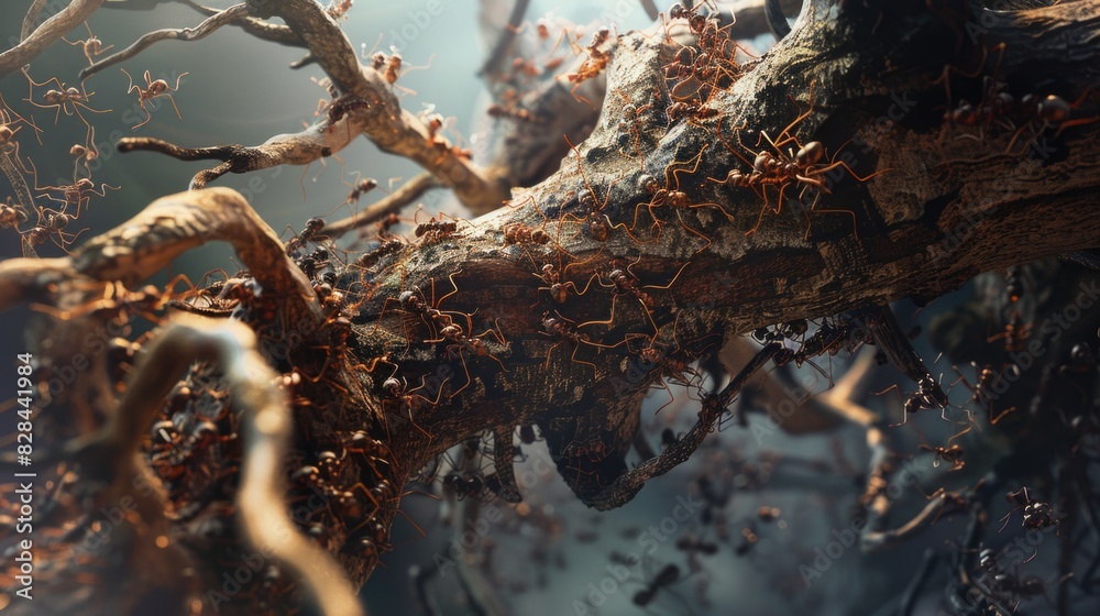 Poster close up of ants crawling on a tree branch, suitable for nature or insect themed projects