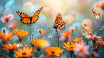 Three Butterflies Flying Over a Field of Flowers