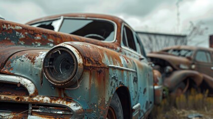 Fototapeta premium An old rusted car abandoned in a field, suitable for automotive concepts