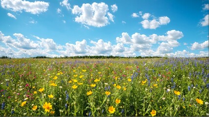 Fototapeta premium Field of flowers, with blue and yellow flowers, and green grass. Blue Sky. White clouds. Meadow. Landscape. Summer. Clouds. Blossom. 1