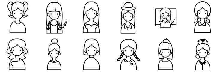A Collection Of Girl Isolated Silhouette Solid Icons With Woman,Girl,People,Avatar,Cute Pictograms And Infographics Design Elements Vector Illustration