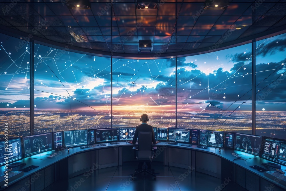 Aufkleber A man standing in front of a large screen with multiple screens. Suitable for technology and business concepts