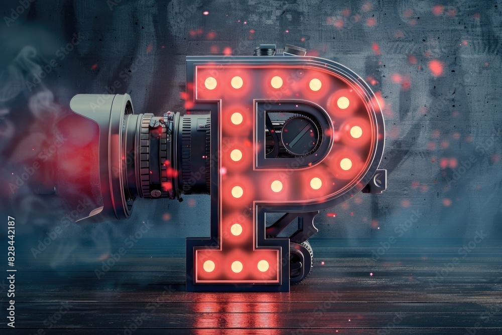 Poster Light up letter P on a rustic wooden floor. Suitable for various design projects