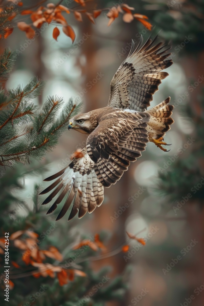 Poster a bird flying through the air next to a tree. suitable for nature and wildlife concepts