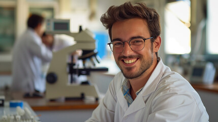 Obraz premium Smiling Male Scientist in Laboratory, Wearing Lab Coat, Scientific Research and Innovation