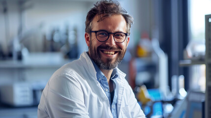 Fototapeta premium Smiling Male Scientist in Laboratory, Wearing Lab Coat, Scientific Research and Innovation
