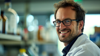 Obraz premium Smiling Male Scientist in Laboratory, Wearing Lab Coat, Scientific Research and Innovation