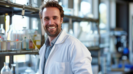 Obraz premium Smiling Male Scientist in Laboratory, Wearing Lab Coat, Scientific Research and Innovation