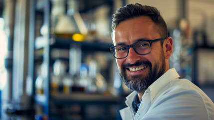 Obraz premium Smiling Male Scientist in Laboratory, Wearing Lab Coat, Scientific Research and Innovation