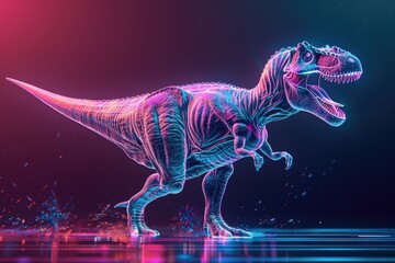 A neon T-Rex dinosaur walking through a puddle of water. Perfect for dinosaur enthusiasts or science fiction lovers