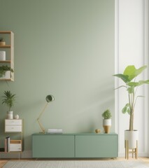 Modern interior design mockup of a green wall with cabinet and decoration in the living room, in the style of minimalist style