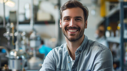 Fototapeta premium Smiling Male Scientist in Laboratory, Wearing Lab Coat, Scientific Research and Innovation